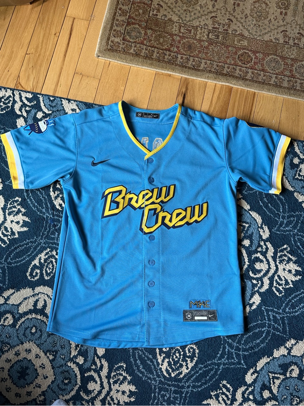 Nike Aqua Blue 'Brew Crew' Baseball Jersey with Yellow Trim ADAMES